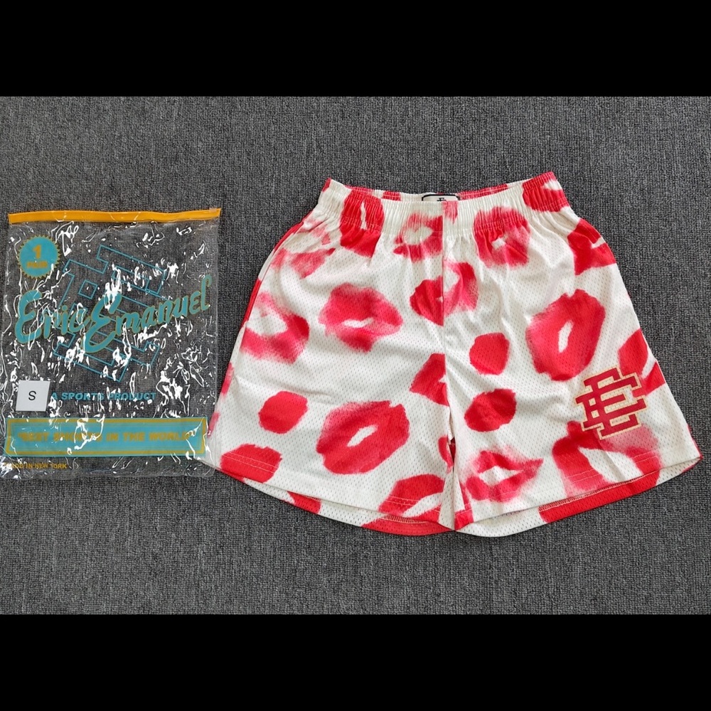 Eric Emanuel White Athletic Shorts with Red Lip Print